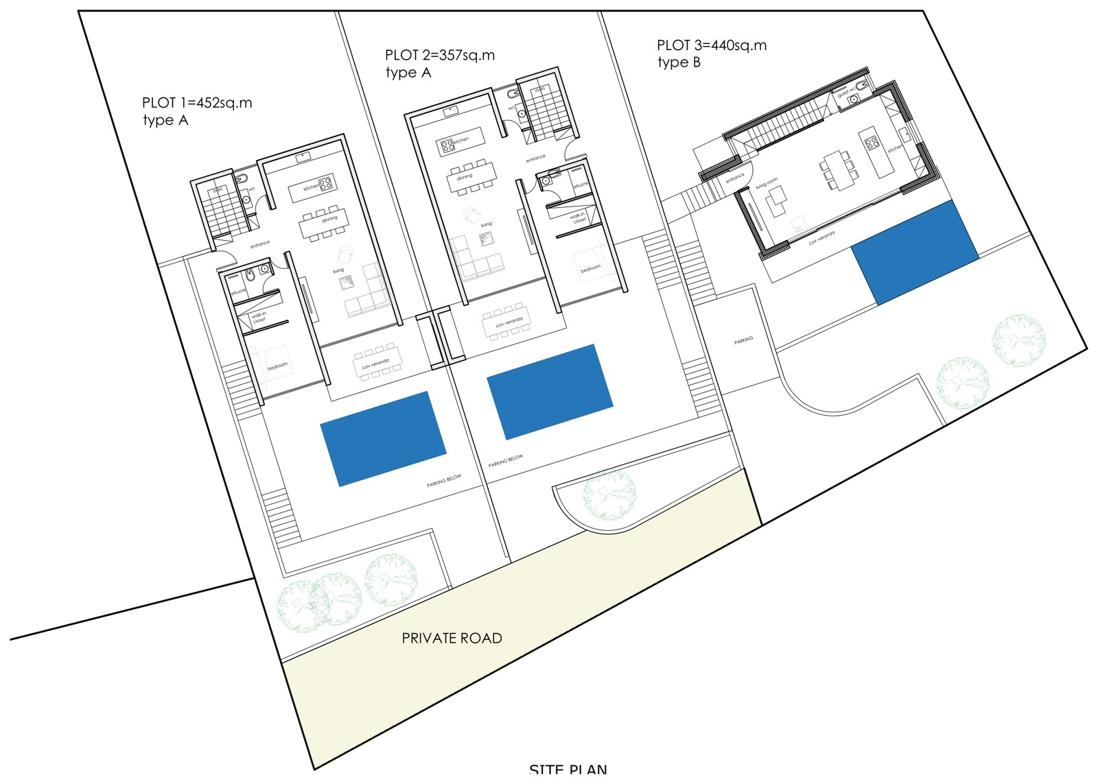 Indicative Tala site plan showing Plot 1, Plot 2 and Plot 3 beside a private road